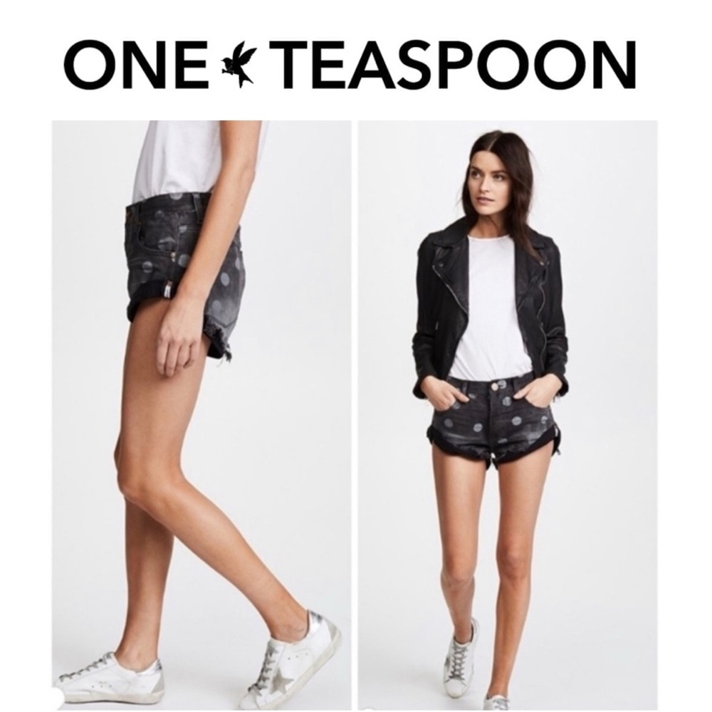 One Teaspoon Bandits Long Rise, Twisted Cuff Hem Polka Dot Black Jean Shorts